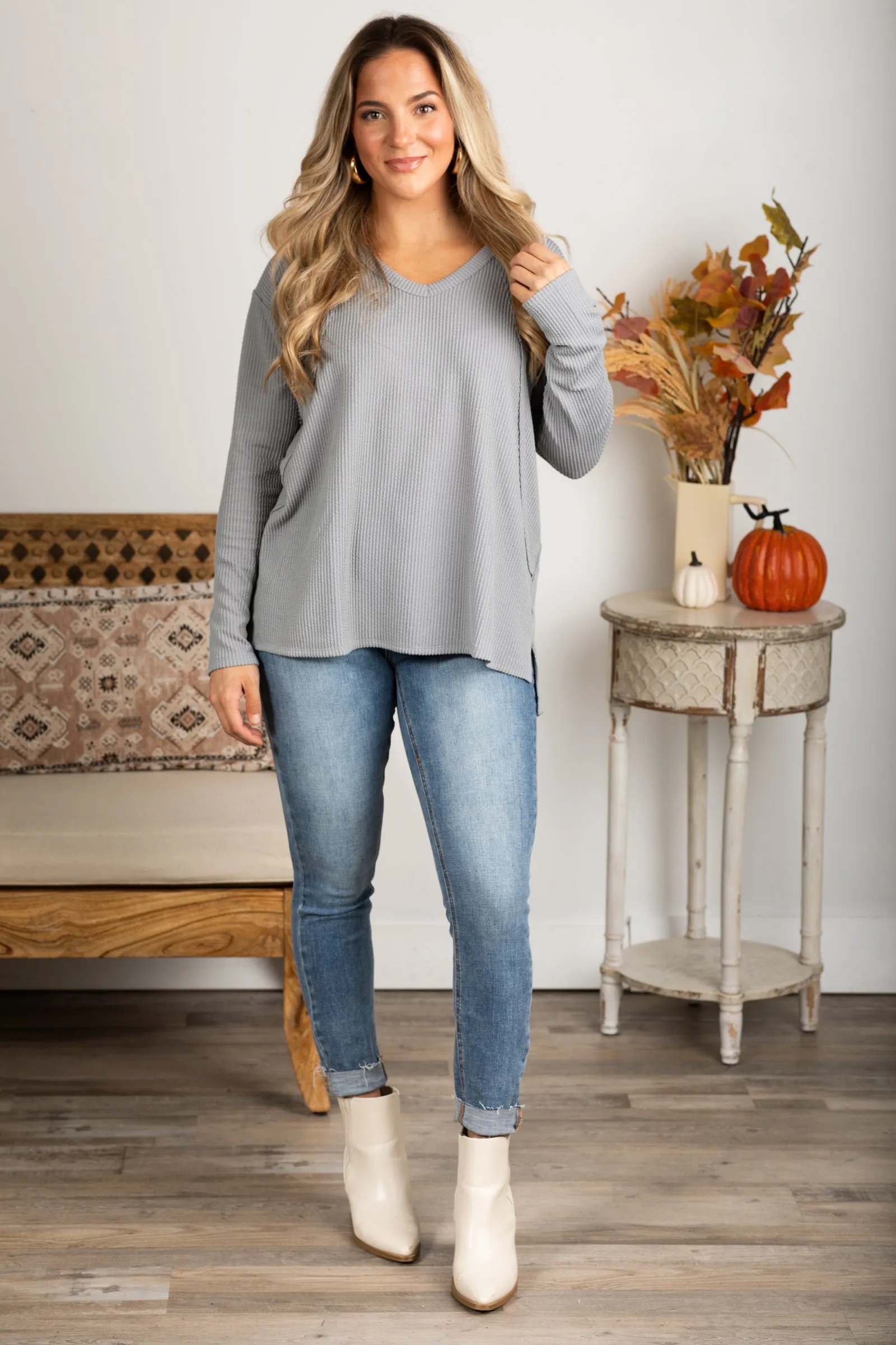 V-Neck Knit Ribbed Long Sleeve Top