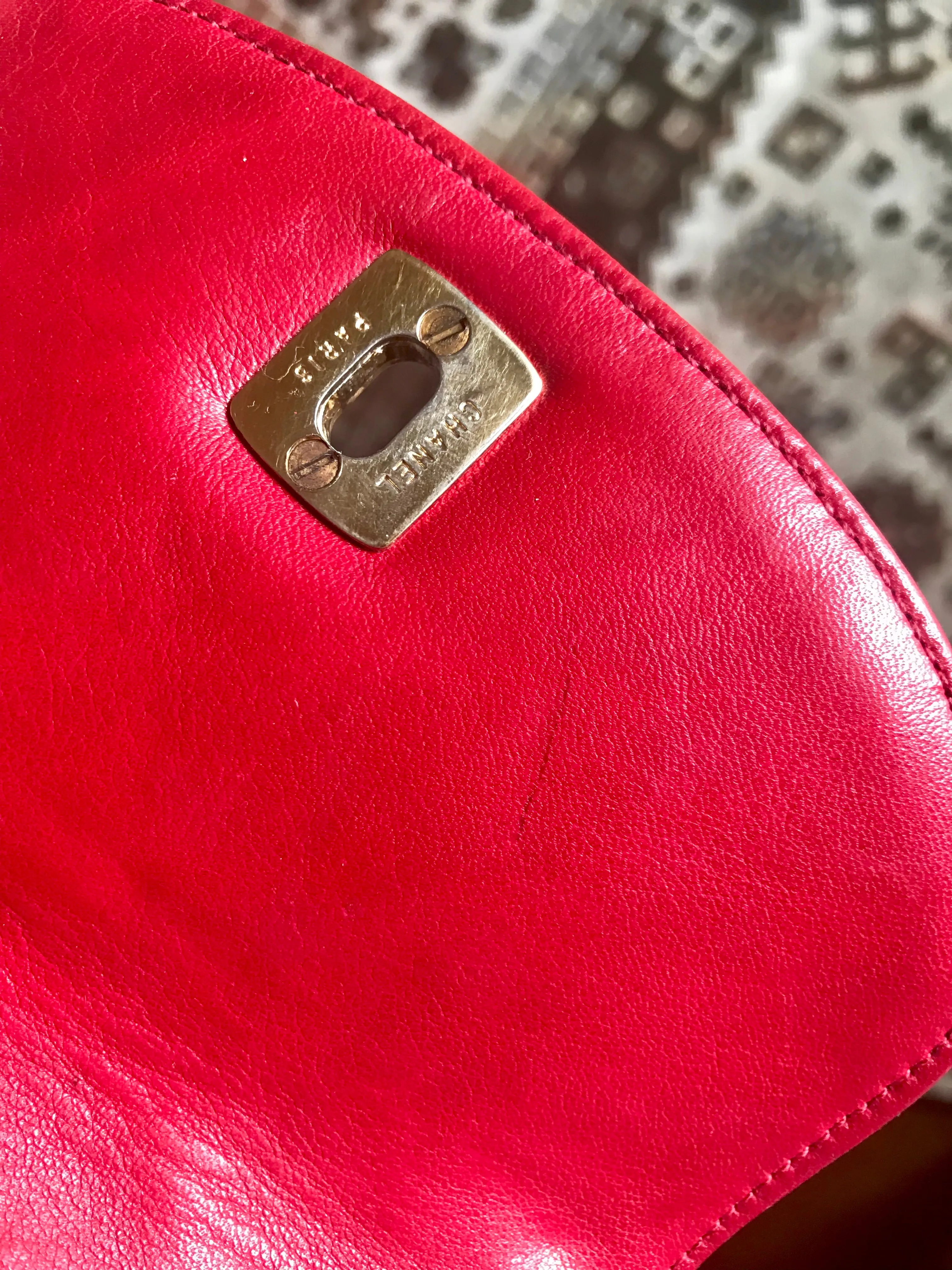 Vintage CHANEL red leather 2.55 waist purse, fanny pack, hip bag with gold CC closure and chain belt.  Belt 28”- 33”(71cm~77cm).