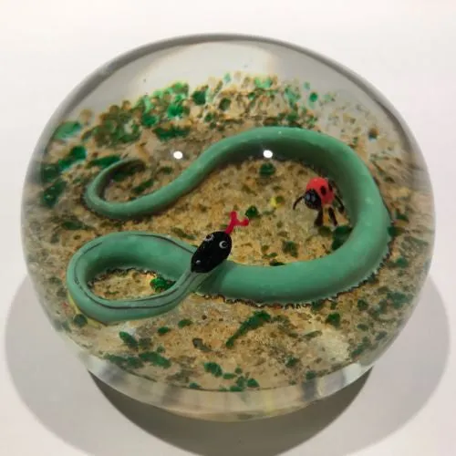 Vintage John Gentile Art Glass Paperweight Lampworked Snake and Lady Bug