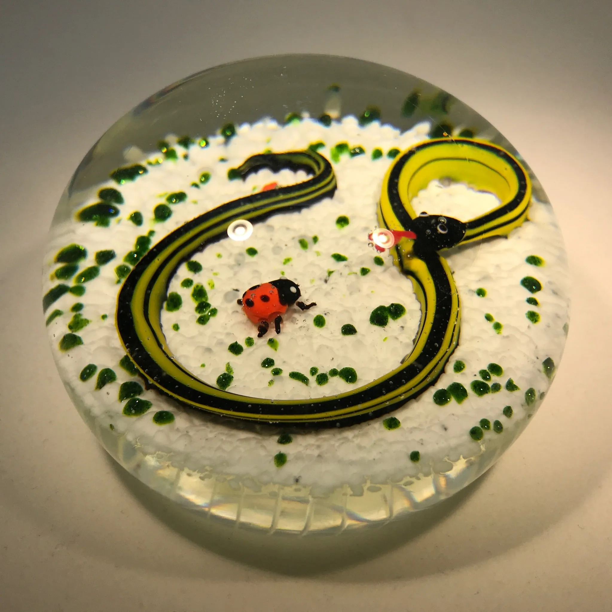 Vintage John Gentile Henry Johnson Art Glass Paperweight Snake & Ladybug