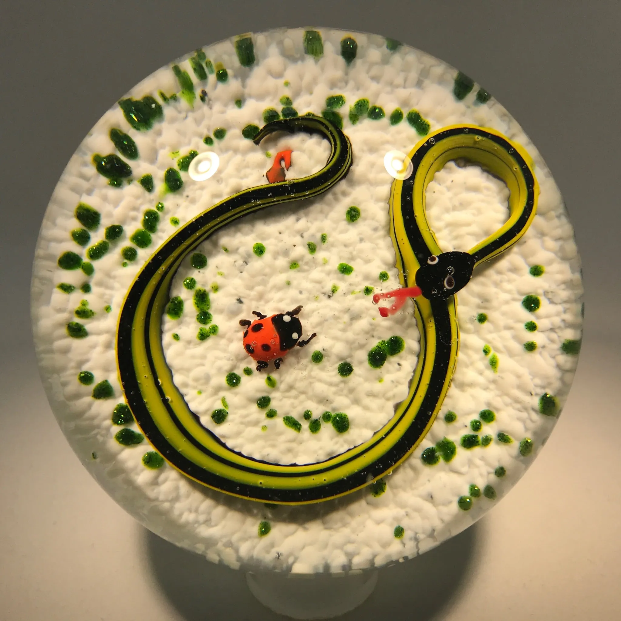 Vintage John Gentile Henry Johnson Art Glass Paperweight Snake & Ladybug