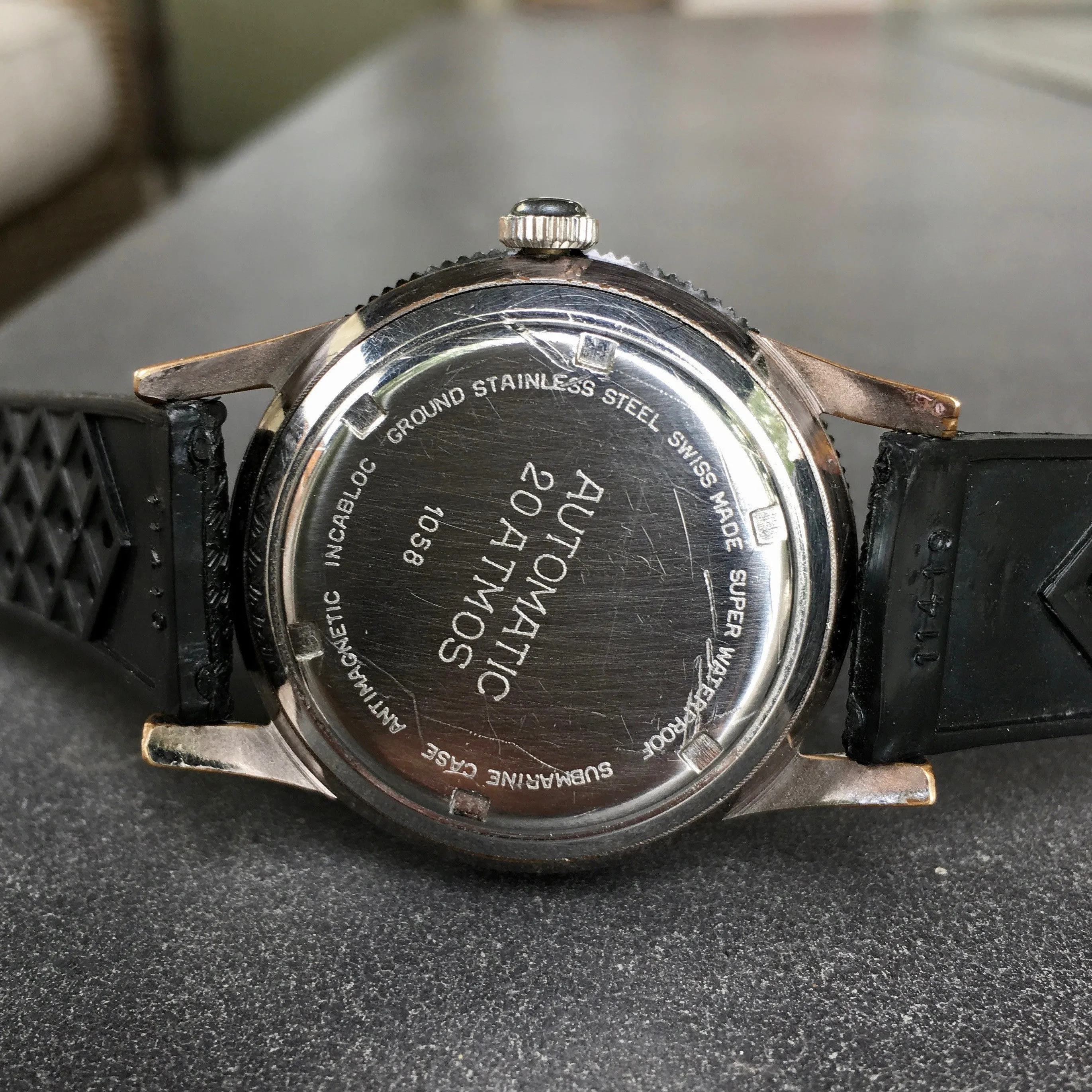 Vintage Monvis Glucydur Divers Incabloc Automatic Date Black Stainless Steel Wristwatch