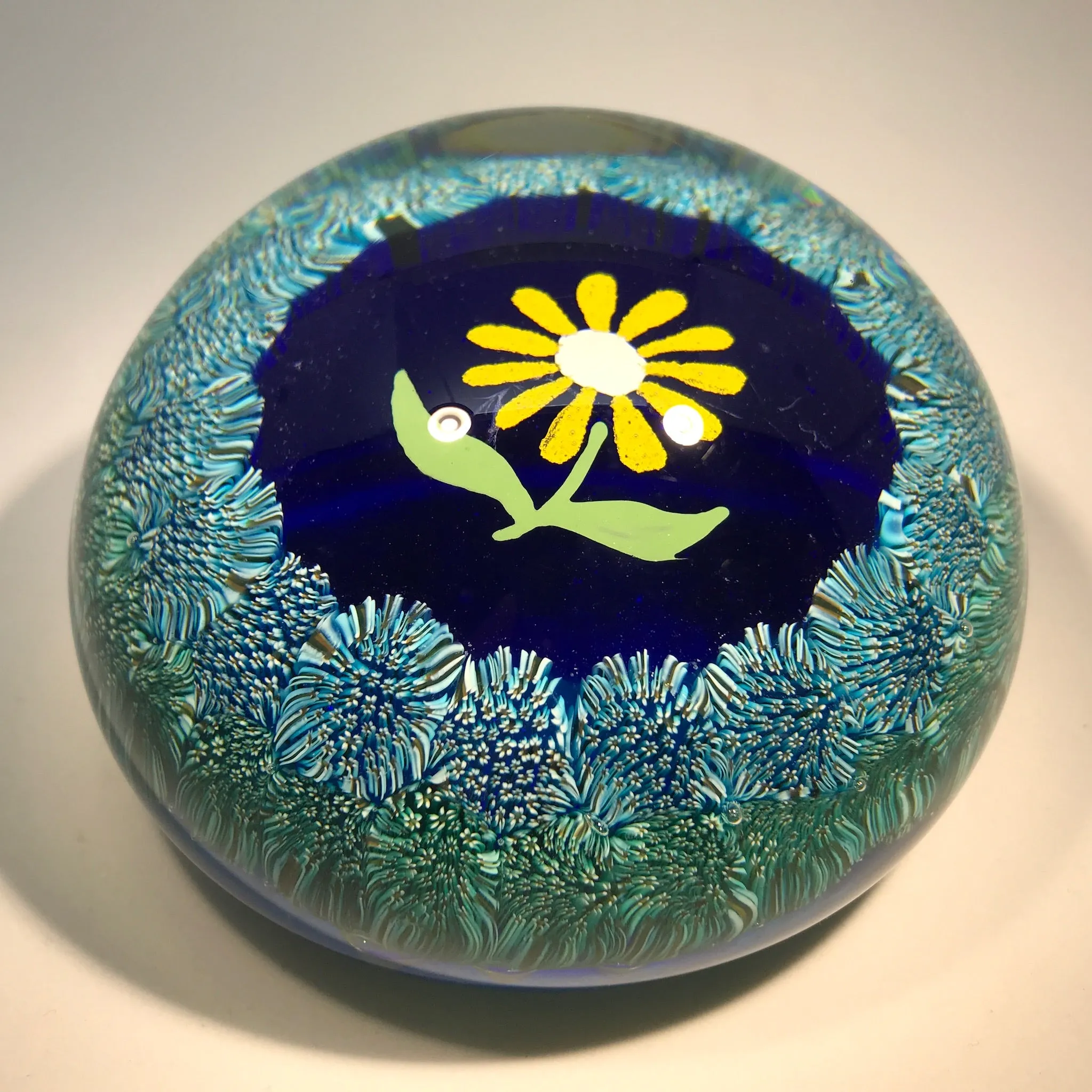 Vintage Murano Art Glass Paperweight Hand-Painted Flower with Complex Millefiori