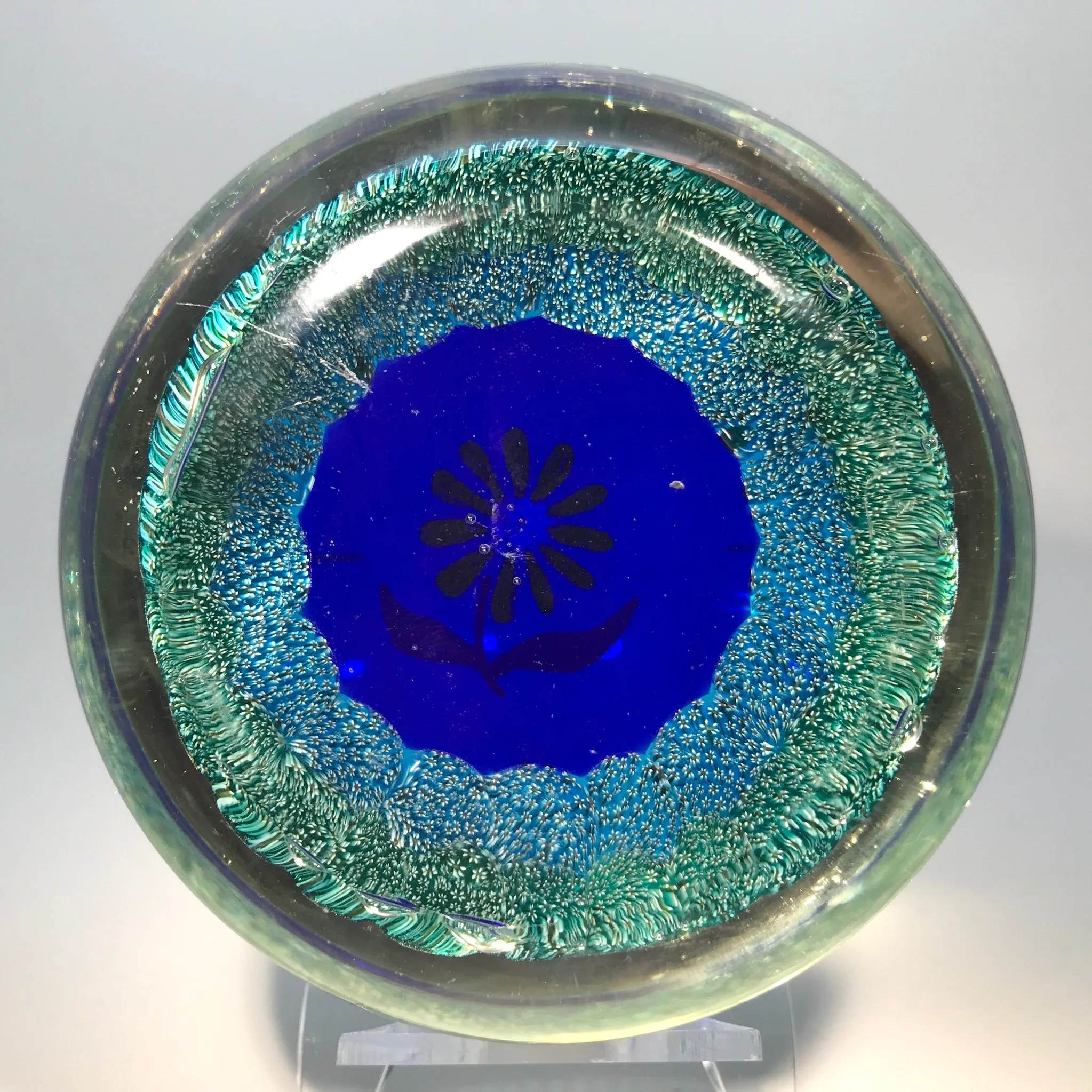 Vintage Murano Art Glass Paperweight Hand-Painted Flower with Complex Millefiori
