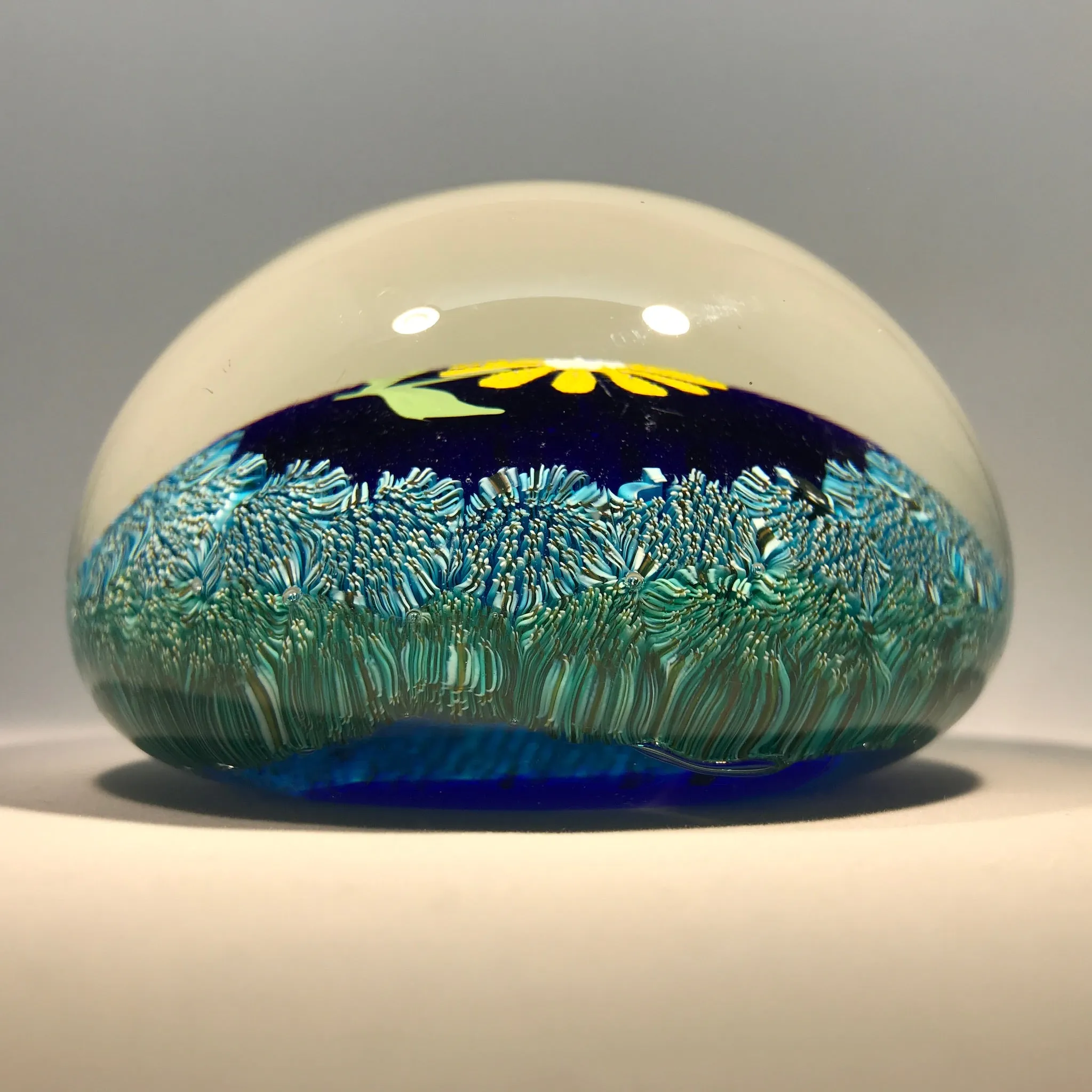 Vintage Murano Art Glass Paperweight Hand-Painted Flower with Complex Millefiori