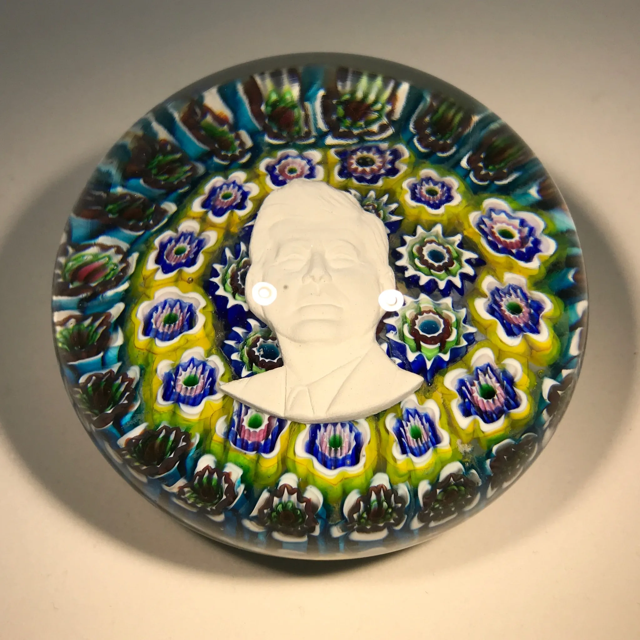 Vintage Murano Ferro Lazzarini Art Glass Paperweight JFK Sulphide on Millefiori