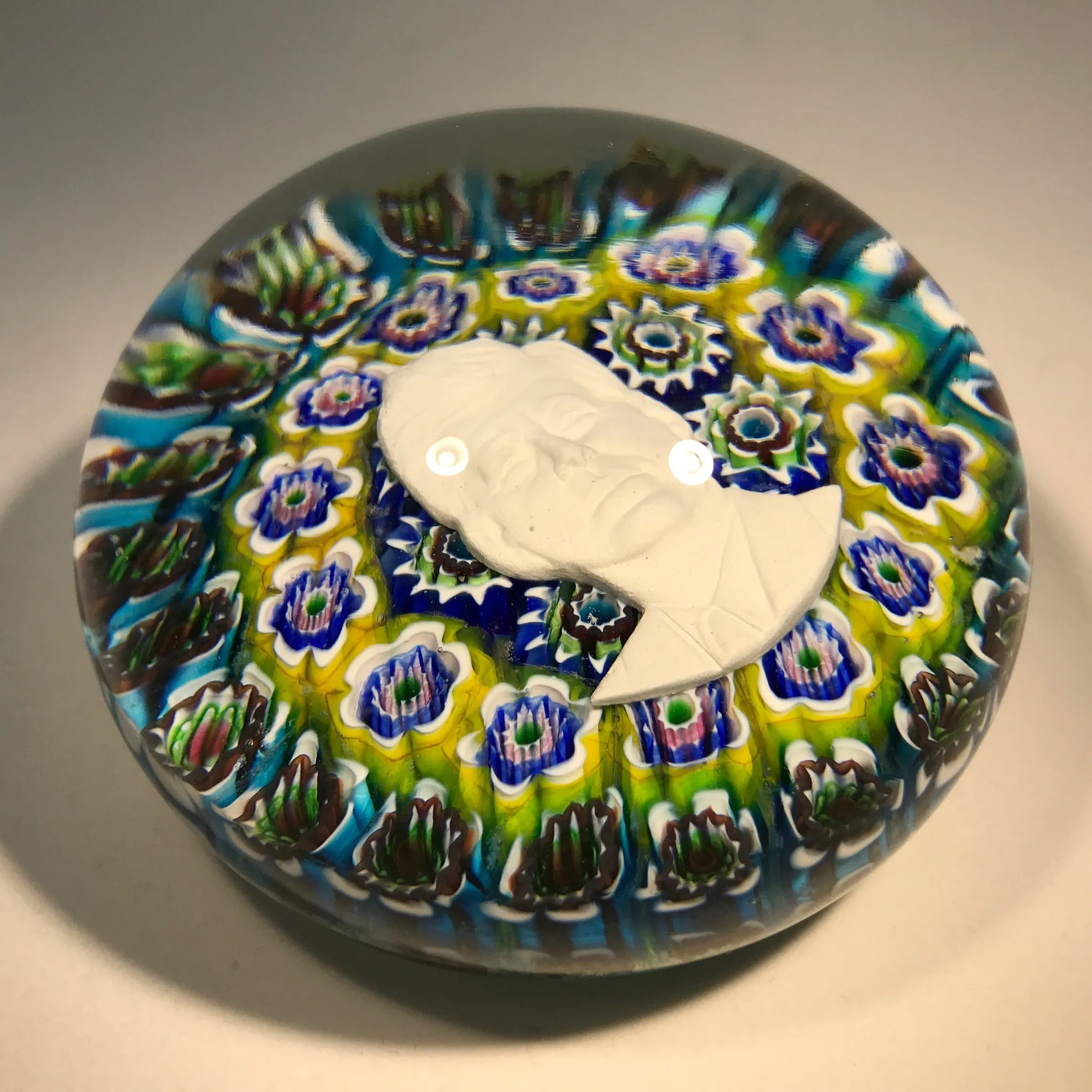Vintage Murano Ferro Lazzarini Art Glass Paperweight JFK Sulphide on Millefiori