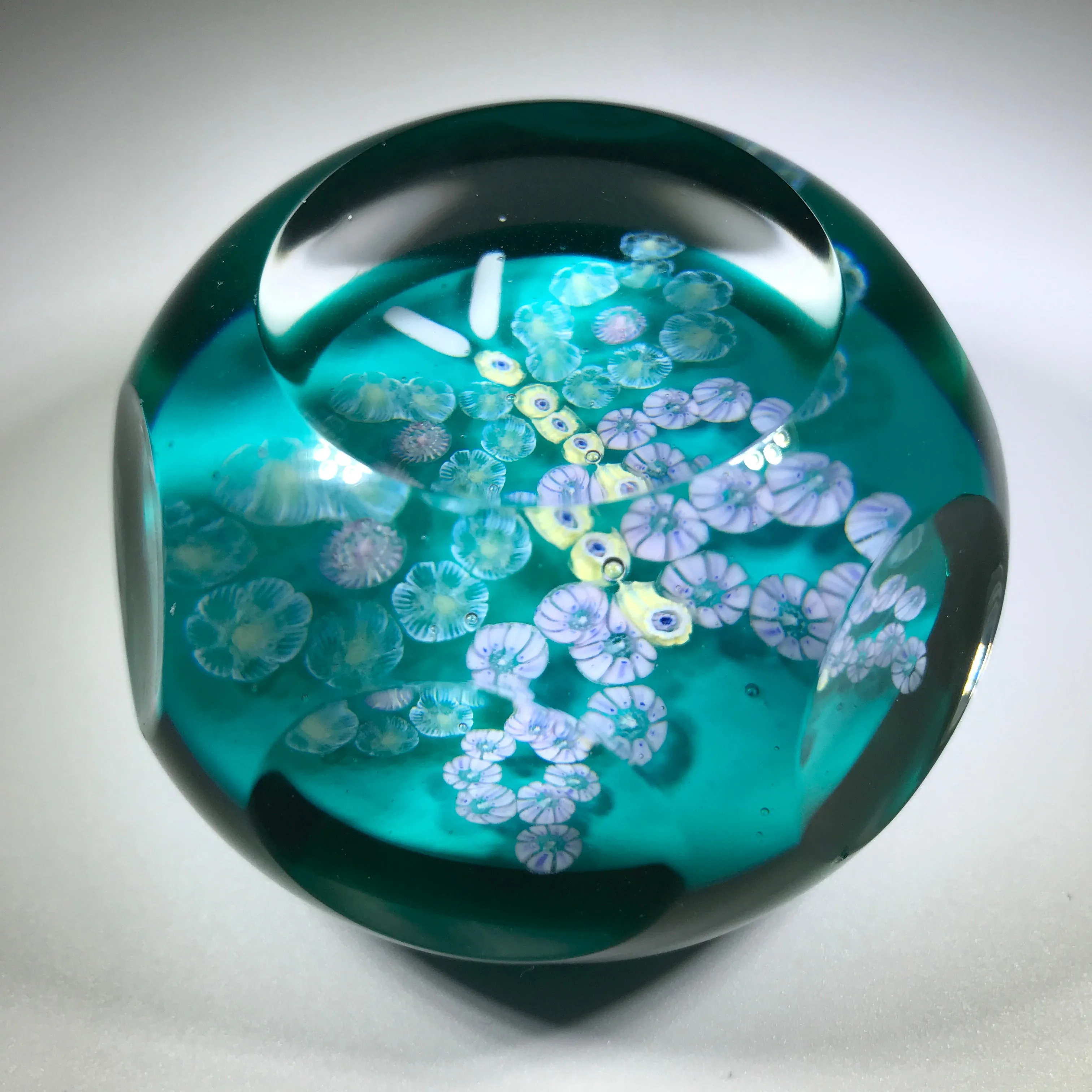 Vintage Pairpoint Faceted Art Glass Paperweight Millefiori Butterfly Blue Ground