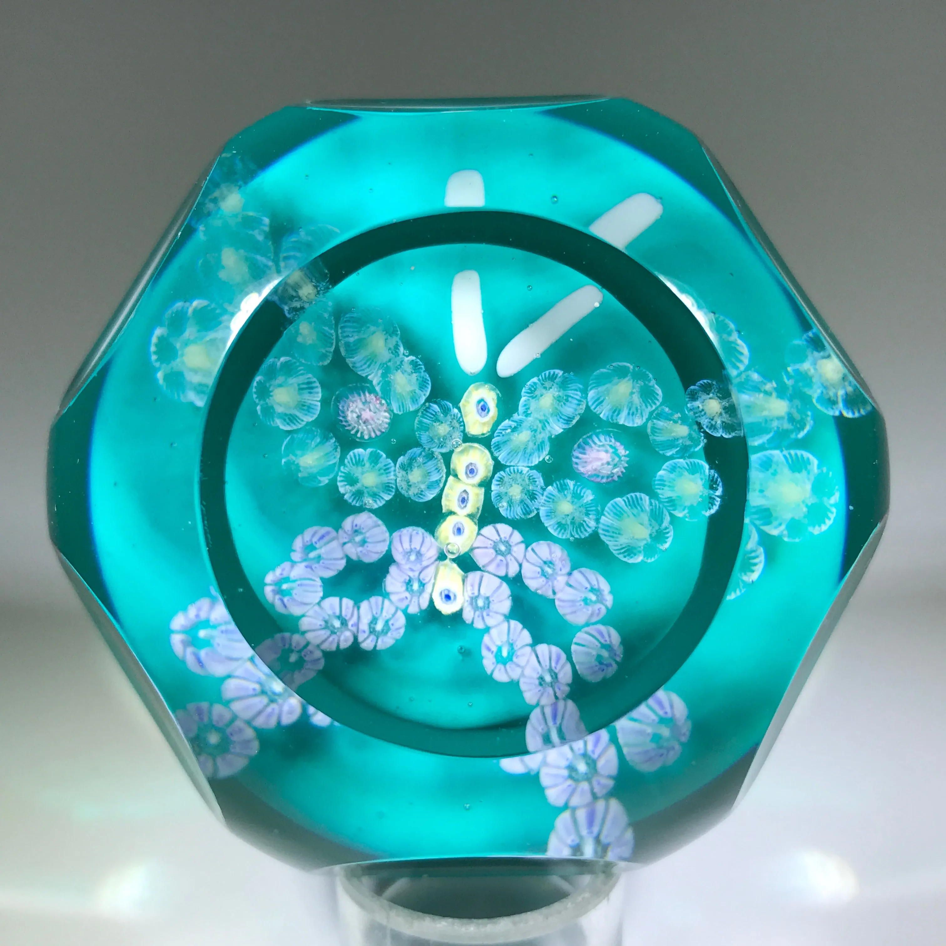 Vintage Pairpoint Faceted Art Glass Paperweight Millefiori Butterfly Blue Ground
