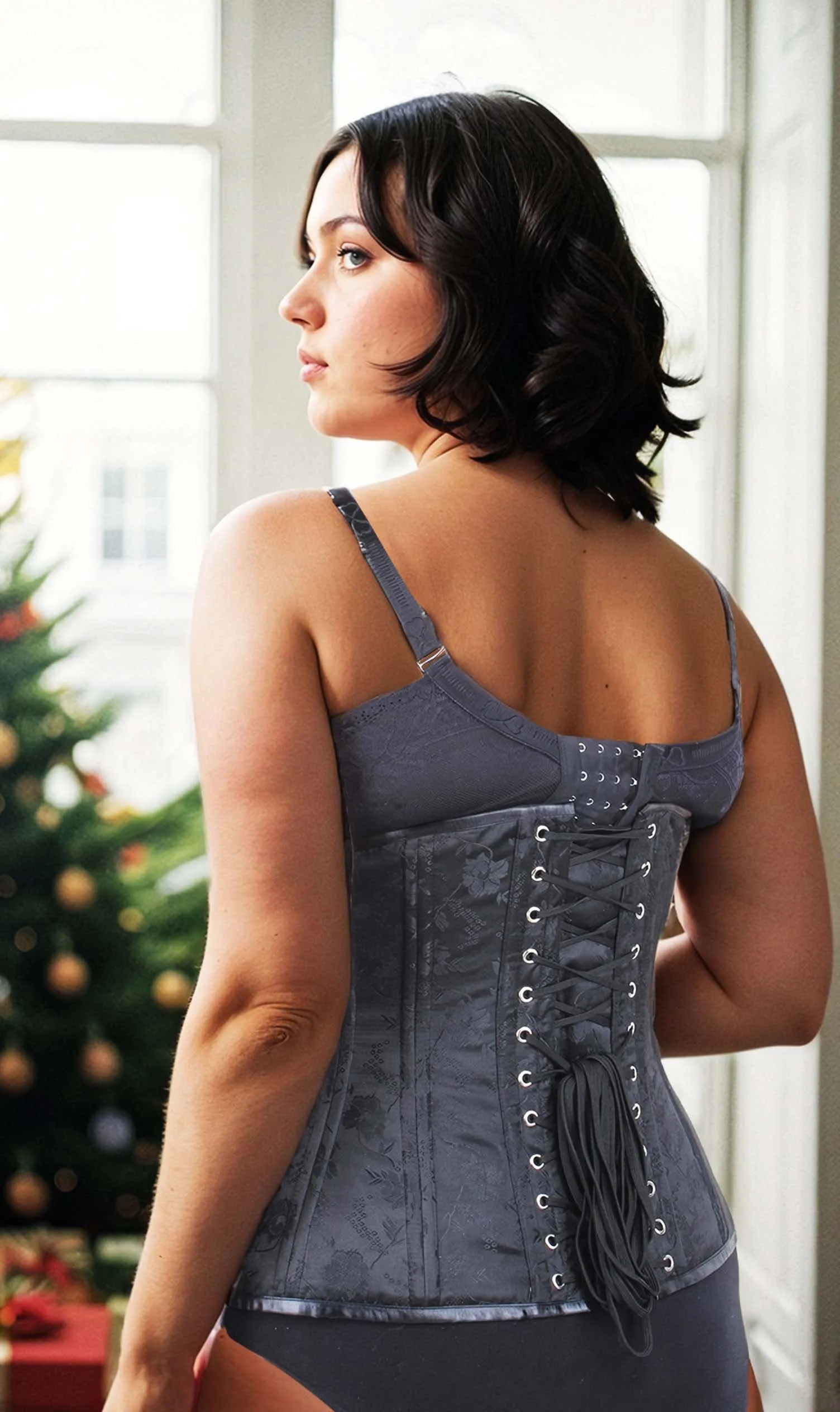 Waist Trainer Floral Black Brocade Longline Corset