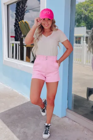 Warm Days Denim Paperbag Shorts - Pink