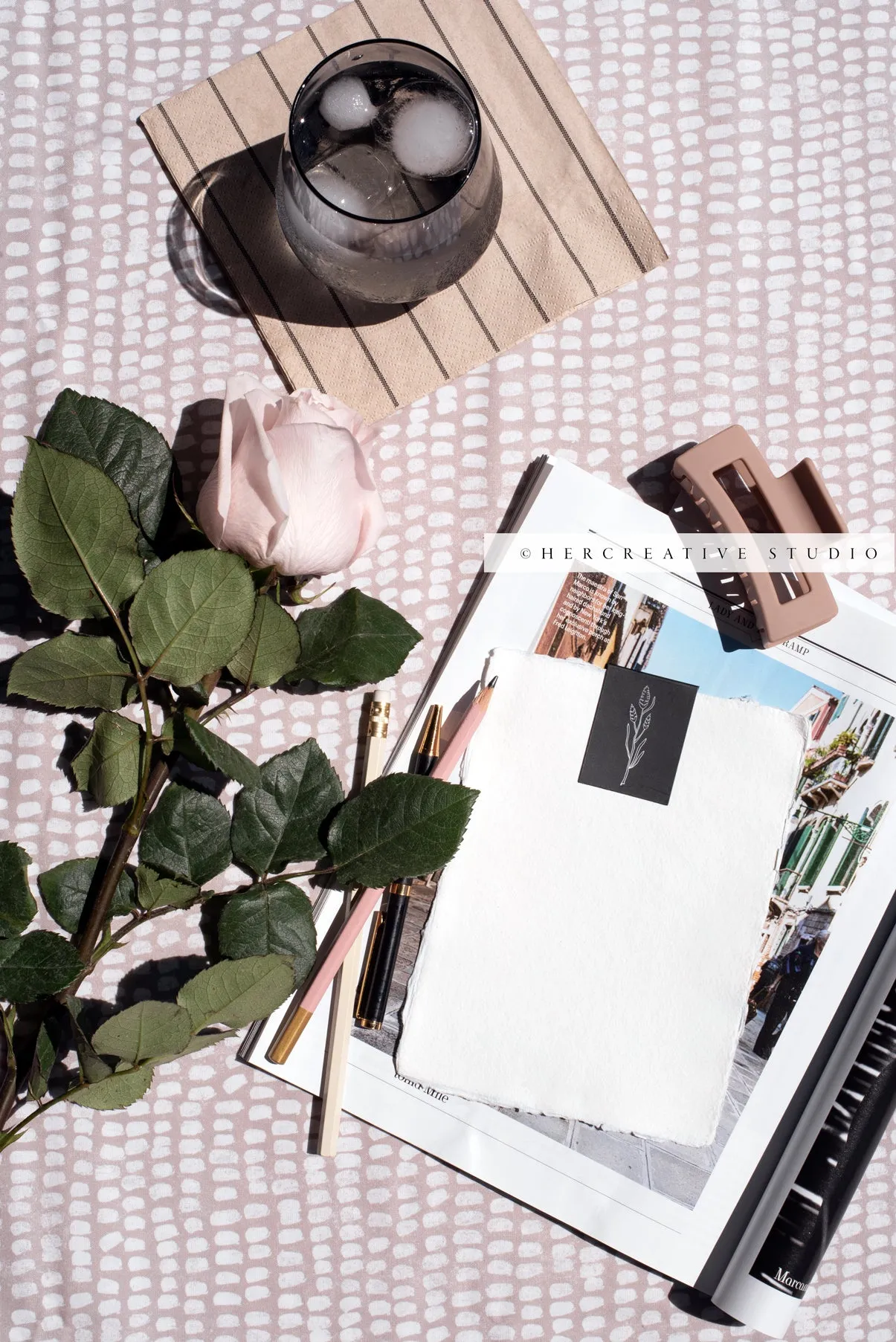Water, Rose & Notepaper in Sunshine, Stock Image