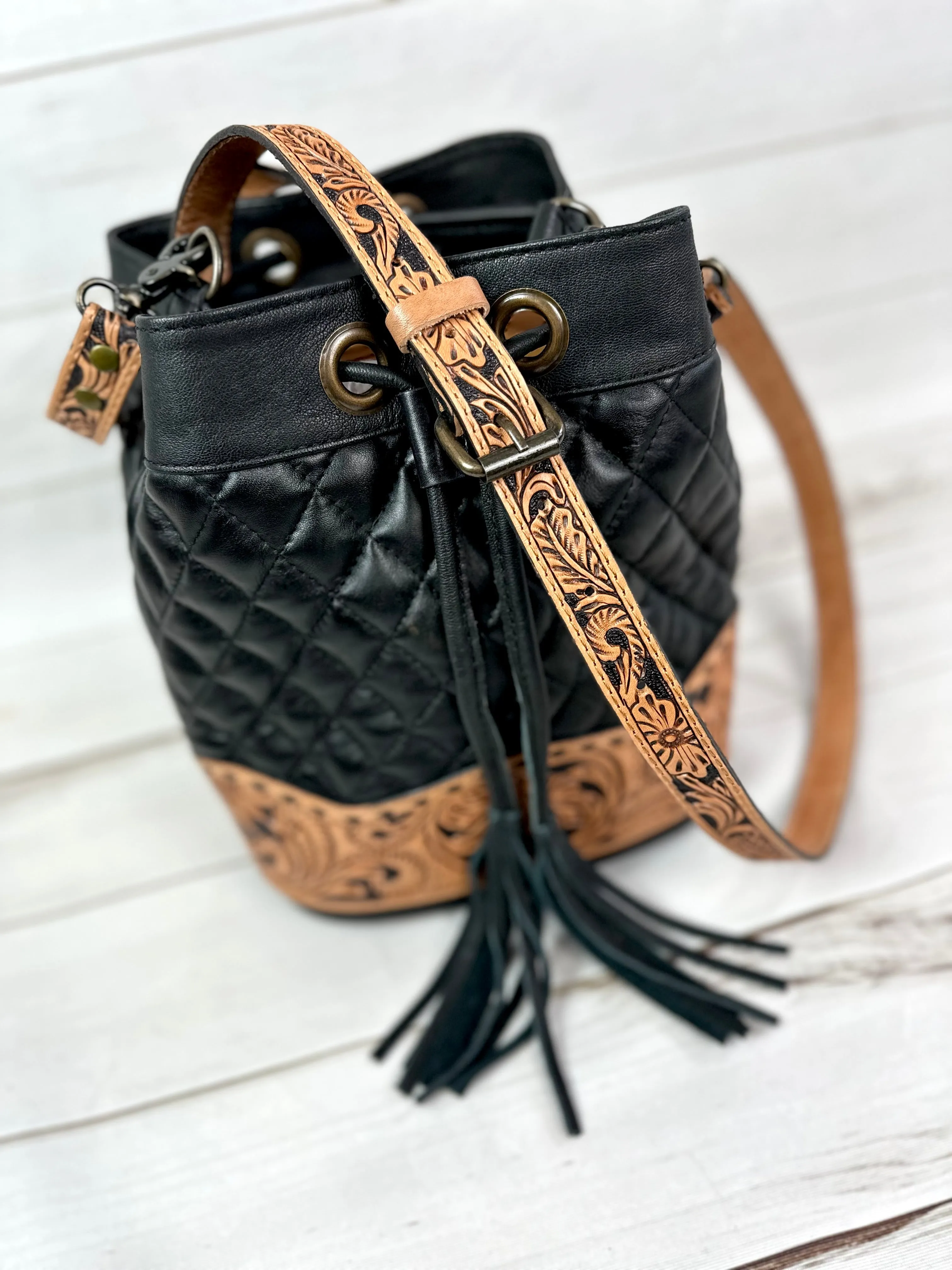 Western Black Quilted Leather Tooled Bucket Crossbody Purse