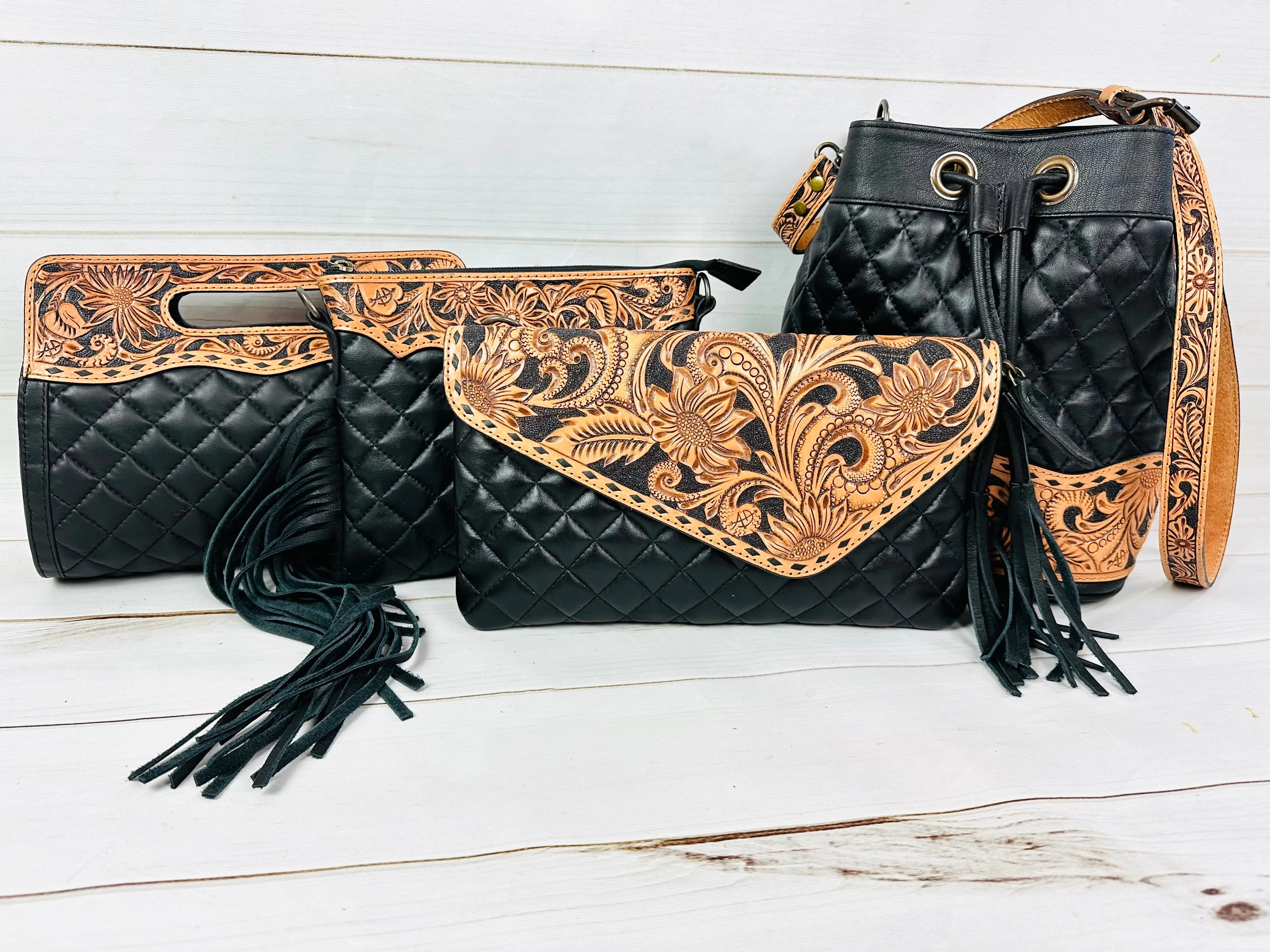 Western Black Quilted Leather Tooled Bucket Crossbody Purse