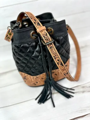 Western Black Quilted Leather Tooled Bucket Crossbody Purse