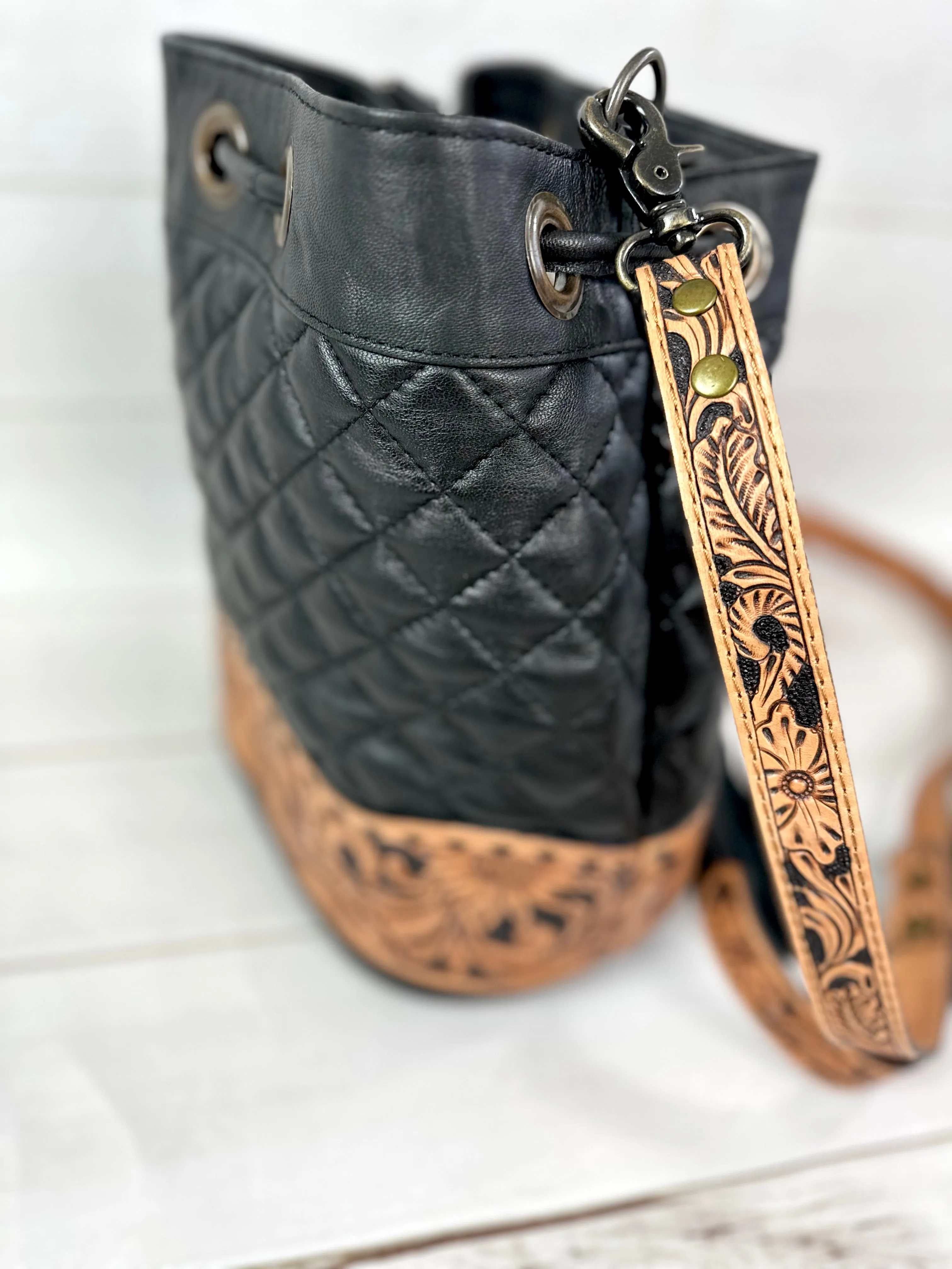 Western Black Quilted Leather Tooled Bucket Crossbody Purse