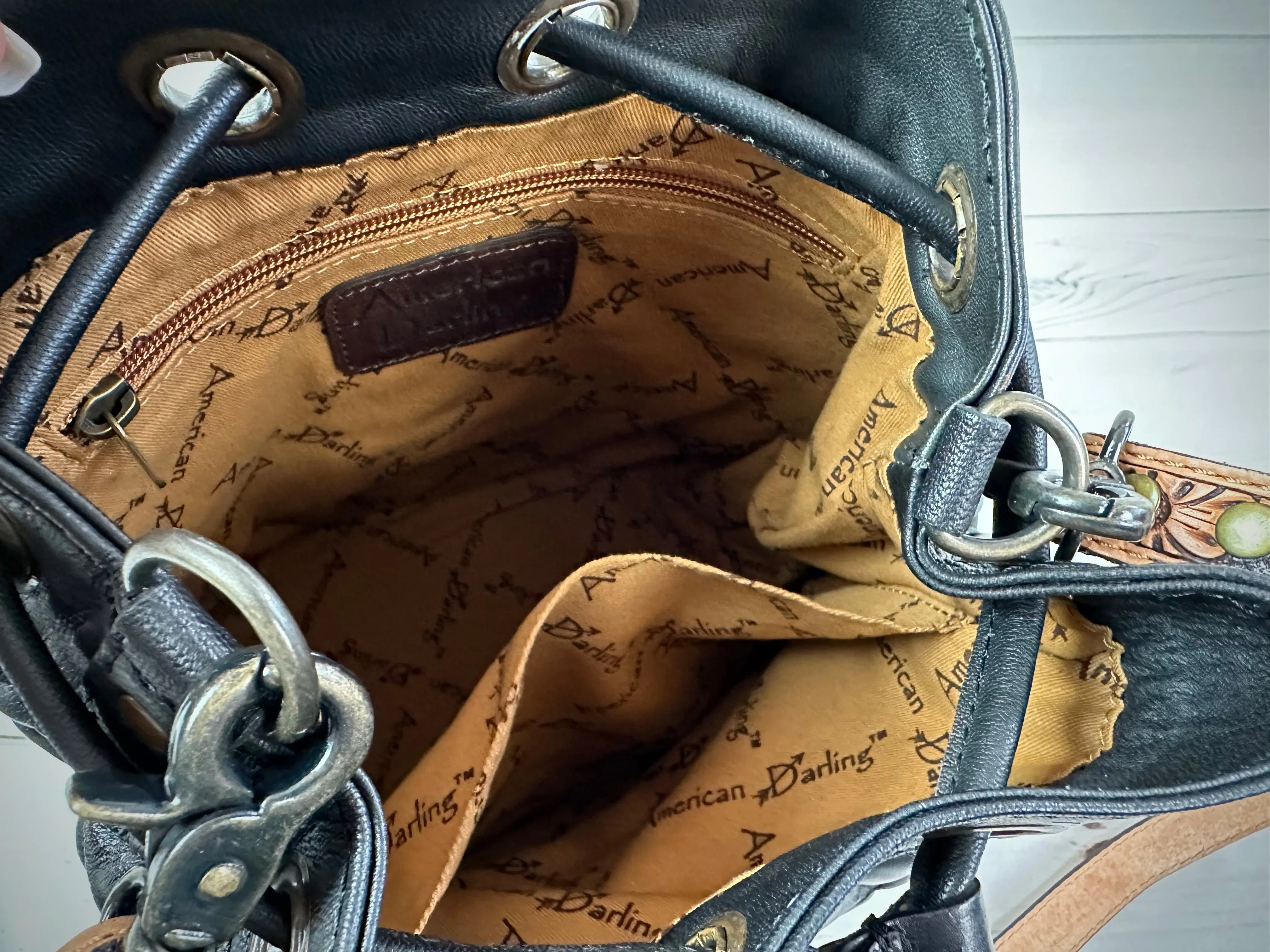 Western Black Quilted Leather Tooled Bucket Crossbody Purse