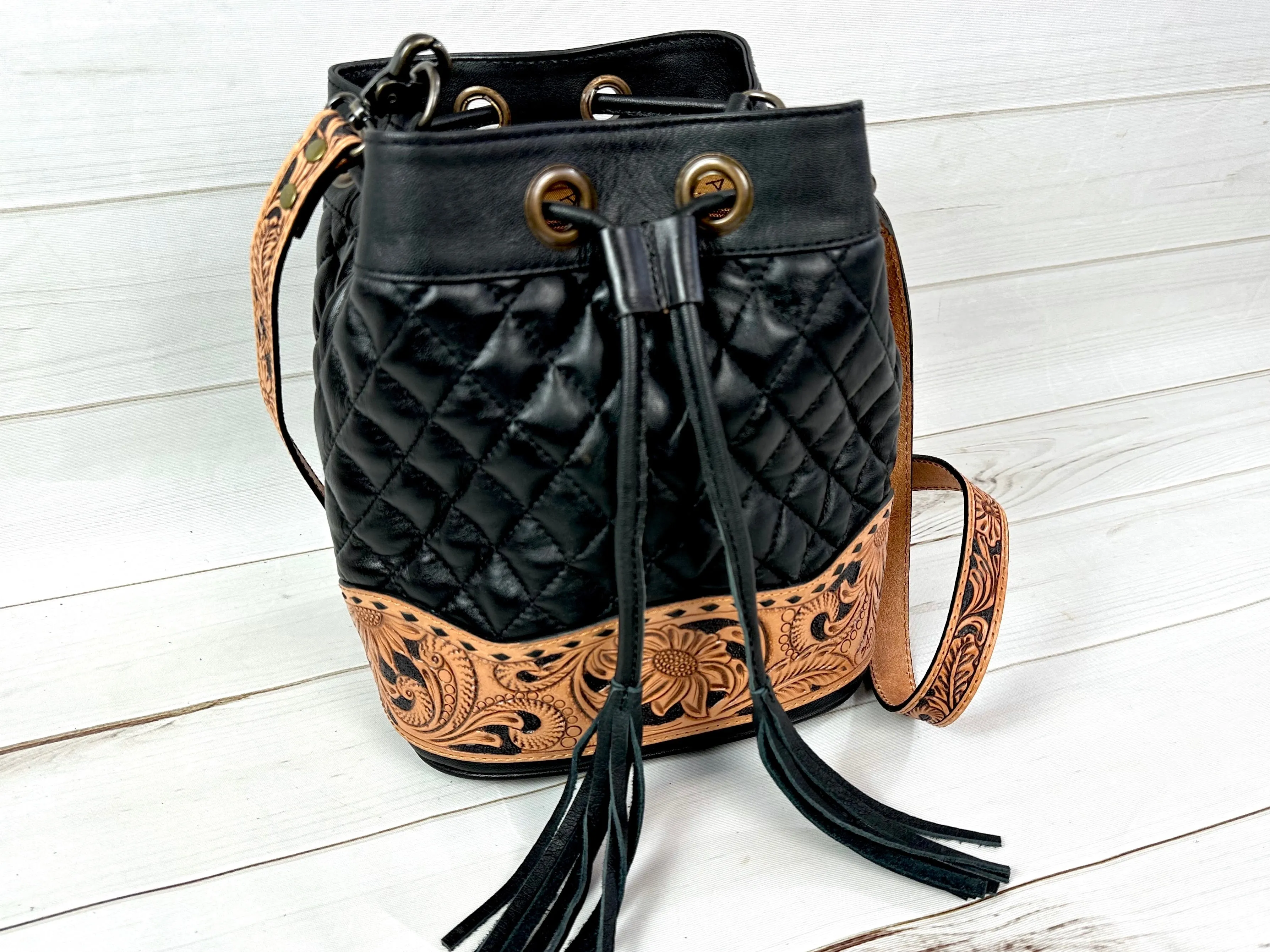 Western Black Quilted Leather Tooled Bucket Crossbody Purse