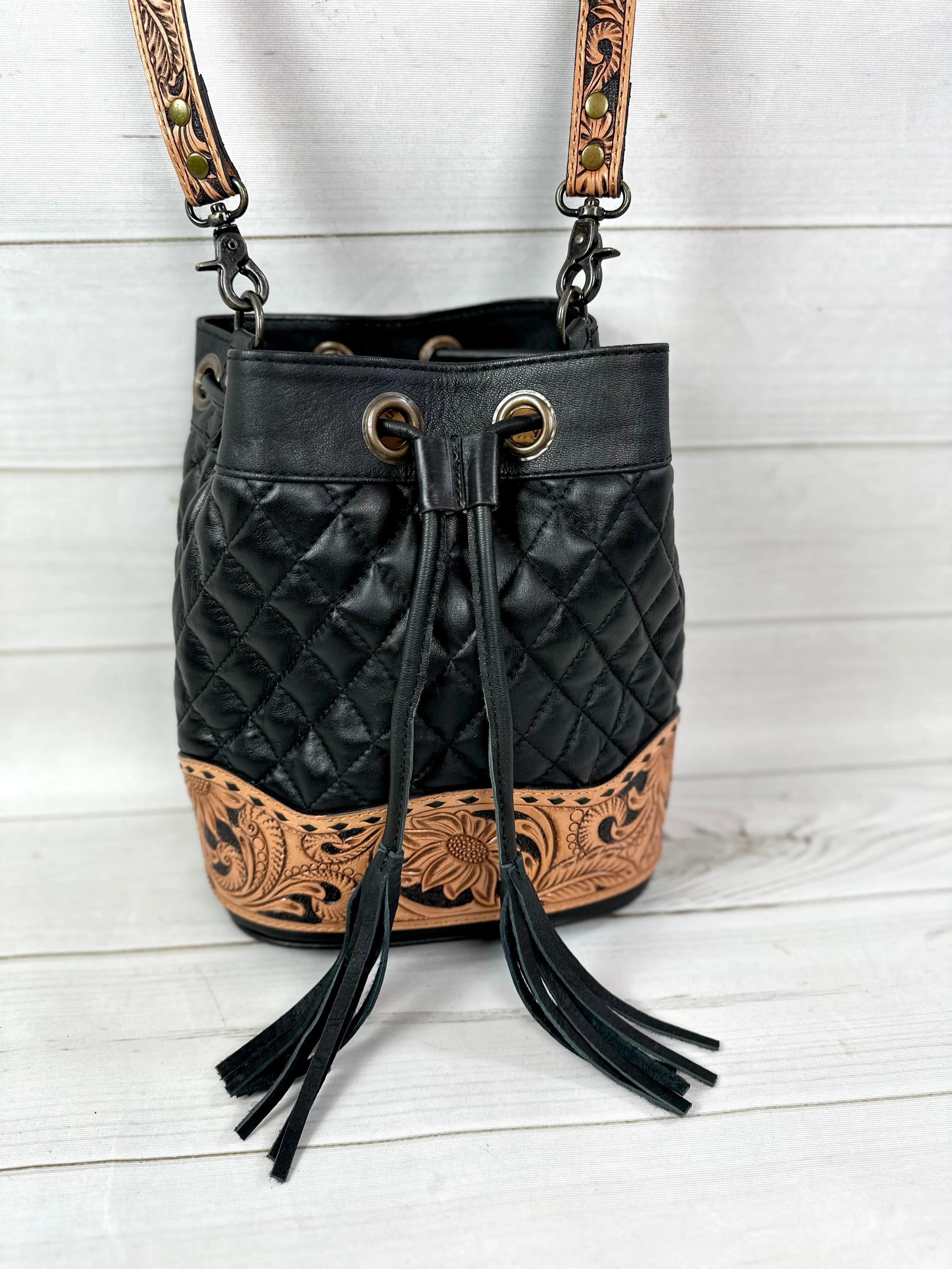 Western Black Quilted Leather Tooled Bucket Crossbody Purse