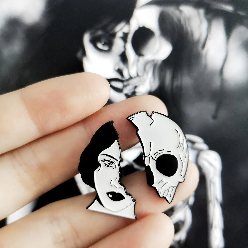 Womens Half Skull Punk Goth Enamel Pin