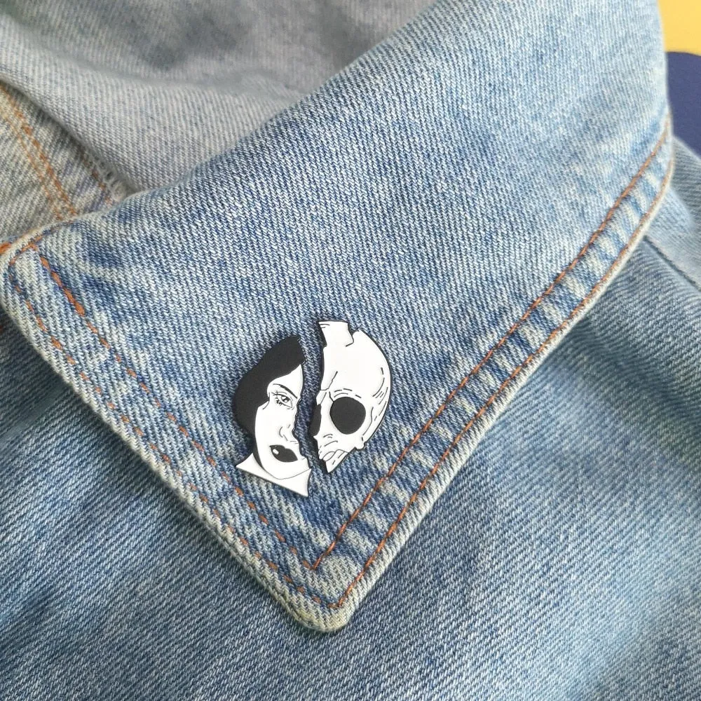 Womens Half Skull Punk Goth Enamel Pin
