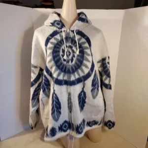 Yari Artesanias Wool White/Blue Zip-Up Sweater Jacket size M (Made in Ecuador)