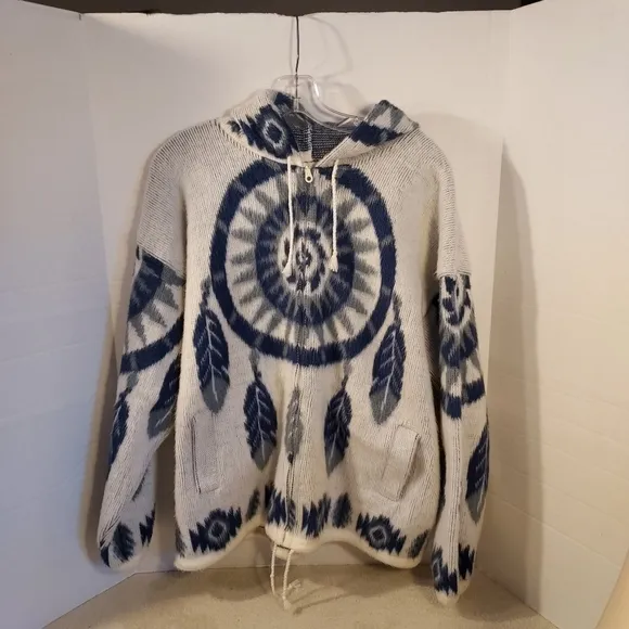 Yari Artesanias Wool White/Blue Zip-Up Sweater Jacket size M (Made in Ecuador)
