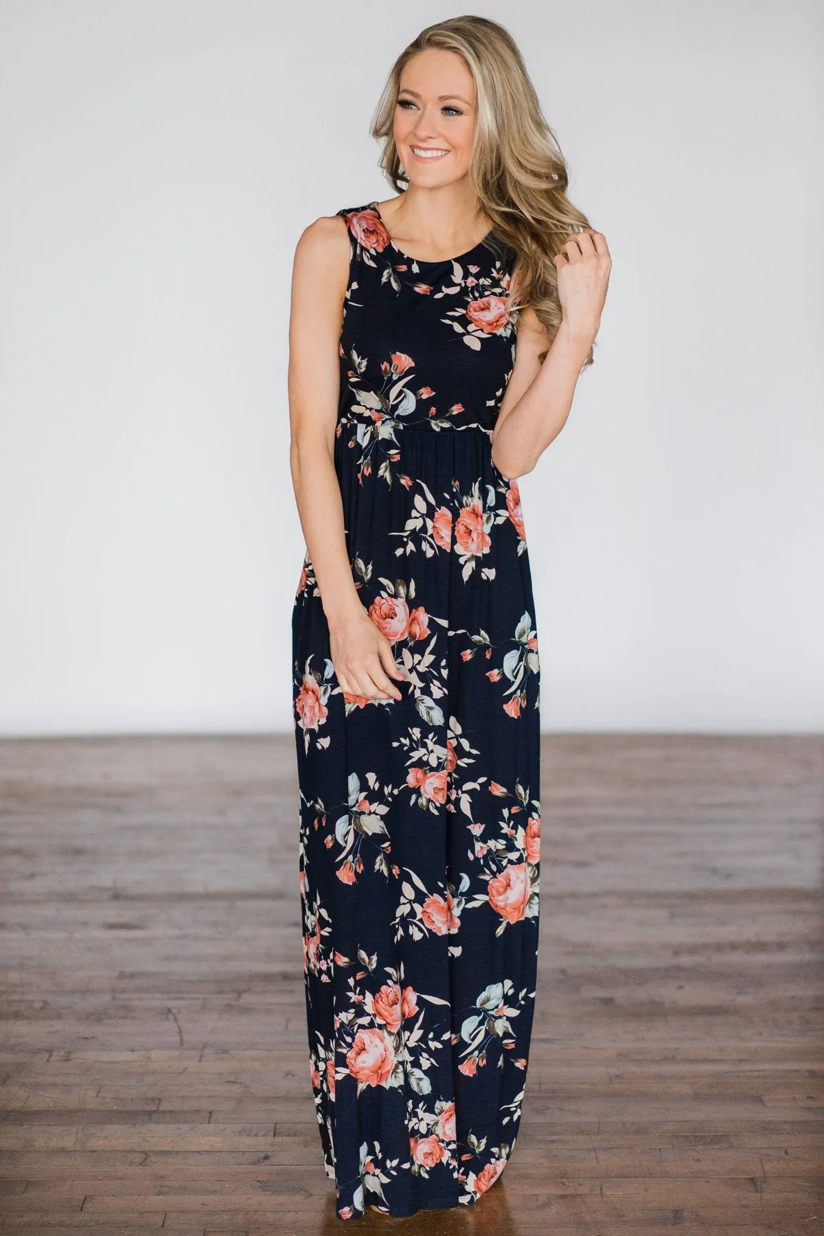 You Make Me Wanna Floral Maxi Dress ~ Navy