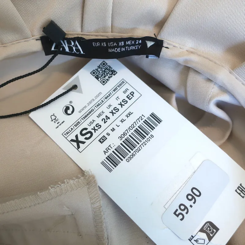 Zara Paper Bag Waist Midi Skirt Beige Cotton Size Extra Small NEW