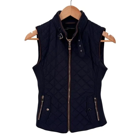 Zara Quilted Vest Womens XS Black Gold Polyester Equestrian Style Zip Pockets